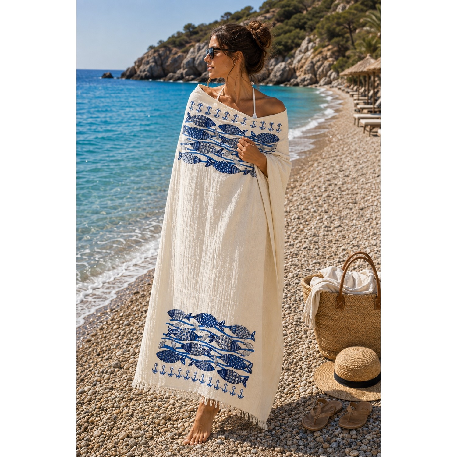 Buldan Natura Mavi Koy Balık ve Çapa Desenli 4 Kat Müslin Peştemal 100×180 cm – 5 cm Saçaklı – Krem 2. görsel