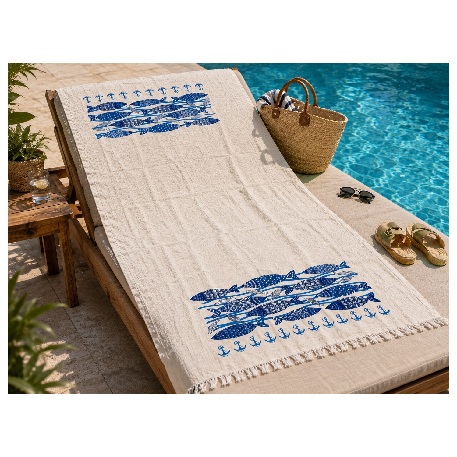 Buldan Natura Mavi Koy Balık ve Çapa Desenli 4 Kat Müslin Peştemal 100×180 cm – 5 cm Saçaklı – Krem 3. görsel