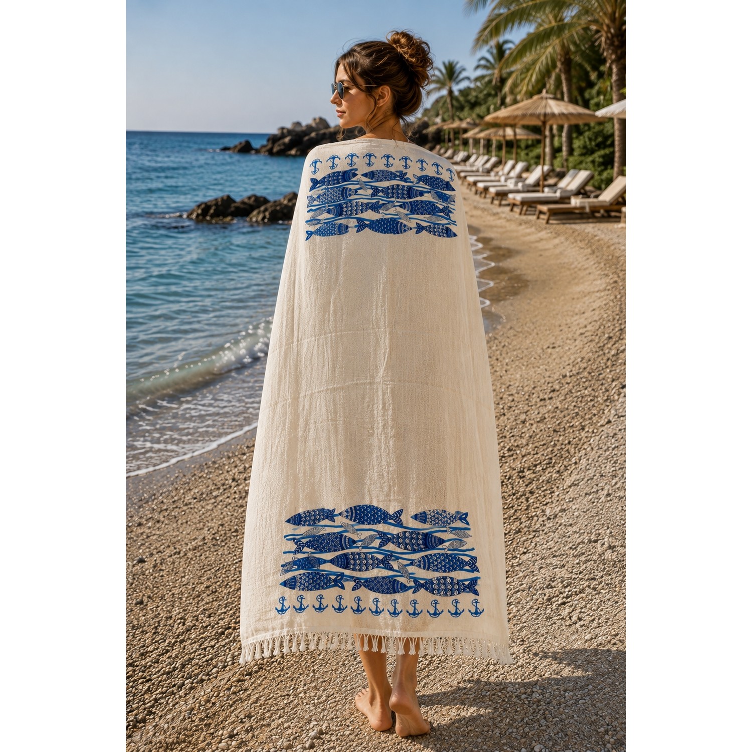 Buldan Natura Mavi Koy Balık ve Çapa Desenli 4 Kat Müslin Peştemal 100×180 cm – 5 cm Saçaklı – Krem 4. görsel