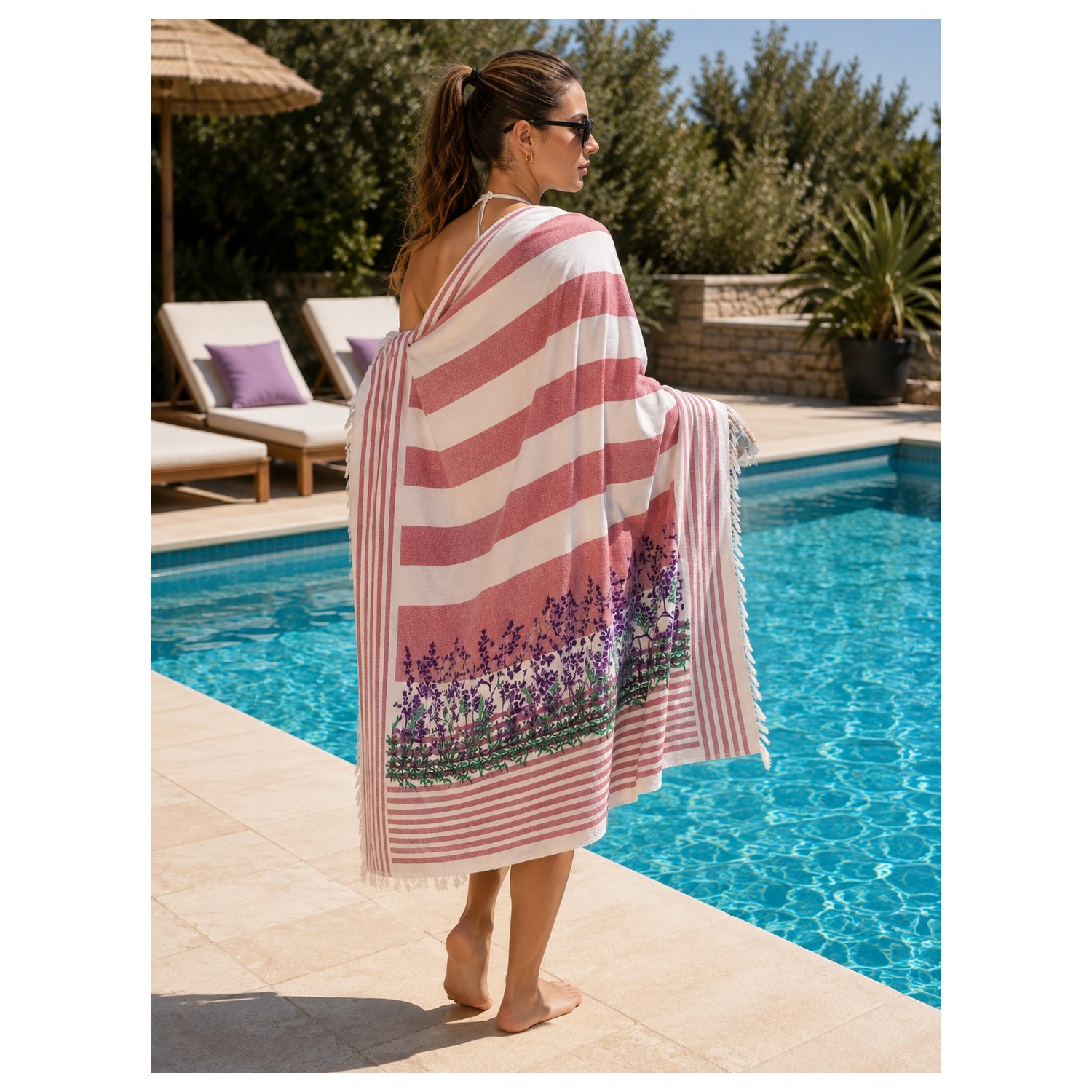 Buldan Natura Lavanta Bahçesi Lavanta Desenli Pamuklu Havlu Peştemal 100×180 cm – 5 cm Saçaklı