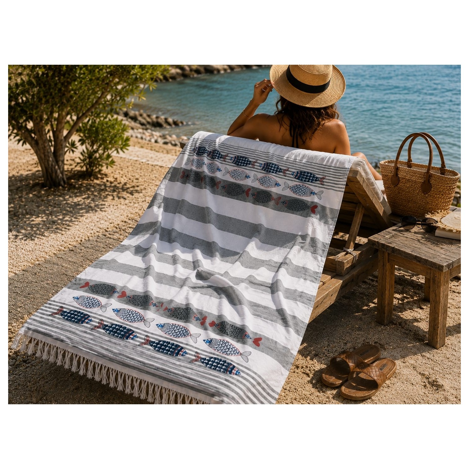 Buldan Natura Poyraz Balık Desenli Pamuklu Havlu Peştemal 100×180 cm – 5 cm Saçaklı – Gri 3. görsel