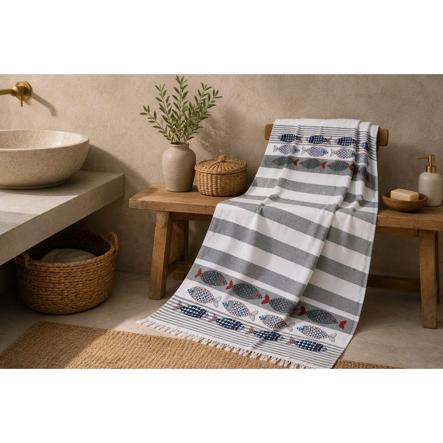 Buldan Natura Poyraz Balık Desenli Pamuklu Havlu Peştemal 100×180 cm – 5 cm Saçaklı – Gri 4. görsel