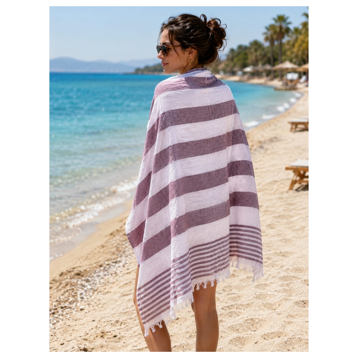 Buldan Natura Riva Çizgili Pamuklu Havlu Peştemal 100×180 cm – 5 cm Saçaklı – Bordo