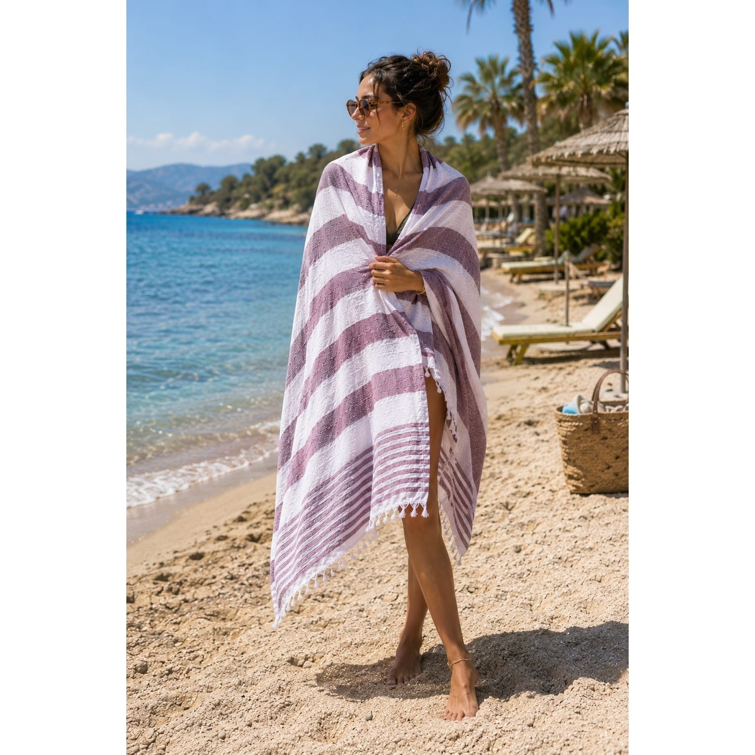 Buldan Natura Riva Çizgili Pamuklu Havlu Peştemal 100×180 cm – 5 cm Saçaklı – Bordo 3. görsel