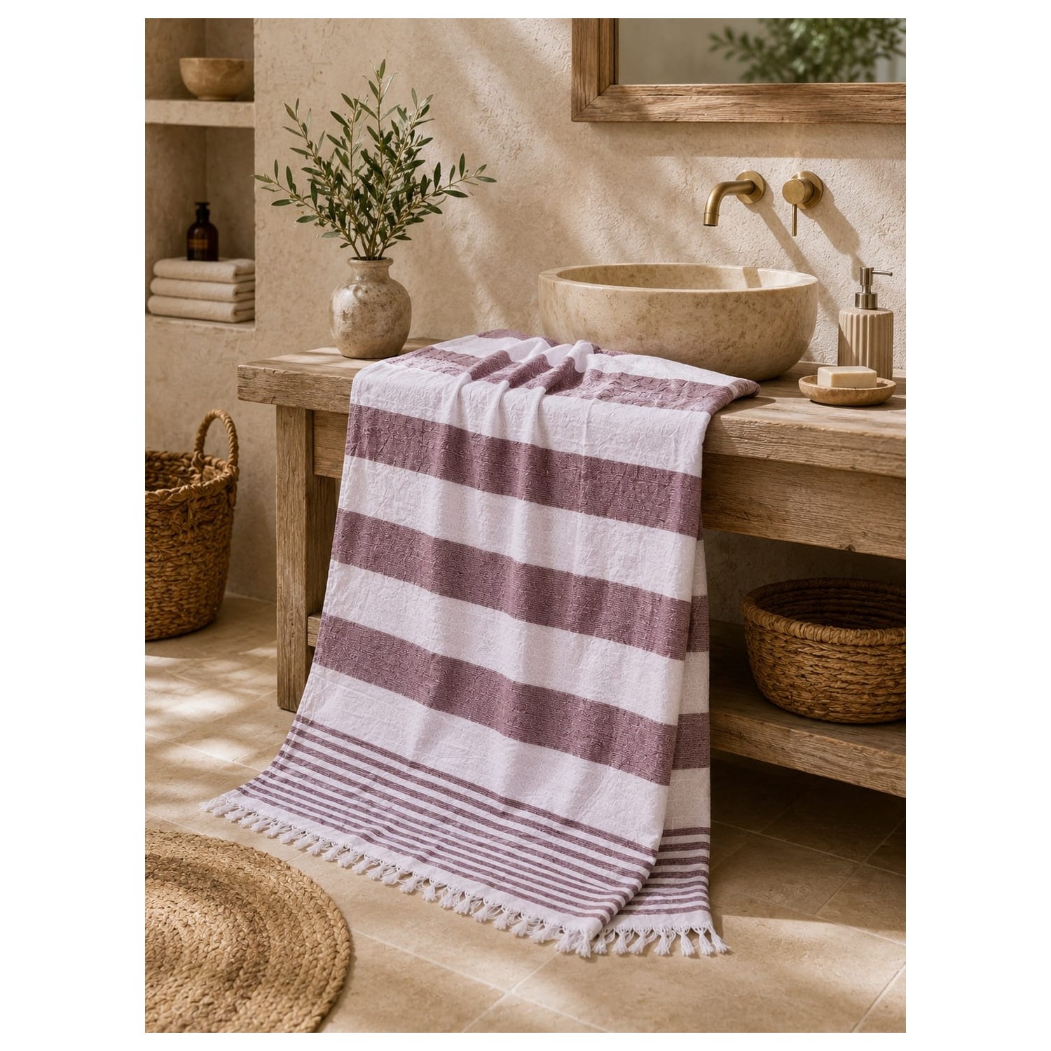 Buldan Natura Riva Çizgili Pamuklu Havlu Peştemal 100×180 cm – 5 cm Saçaklı – Bordo 4. görsel