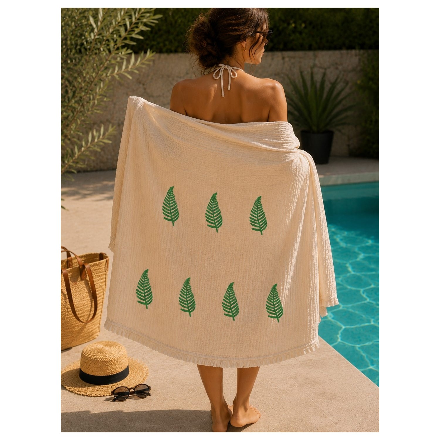 Buldan Natura Verde Yeşil Yaprak Desenli Pamuklu Peştemal 100×180 cm – 5 cm Saçaklı