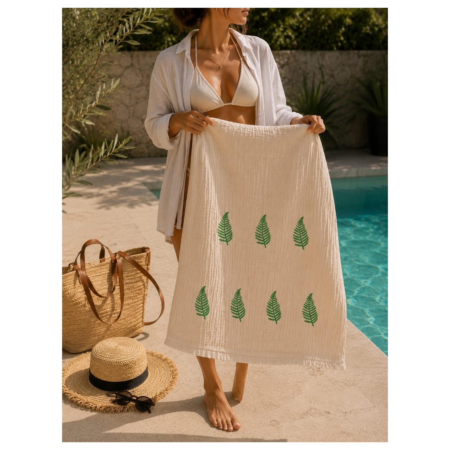 Buldan Natura Verde Yeşil Yaprak Desenli Pamuklu Peştemal 100×180 cm – 5 cm Saçaklı 3. görsel