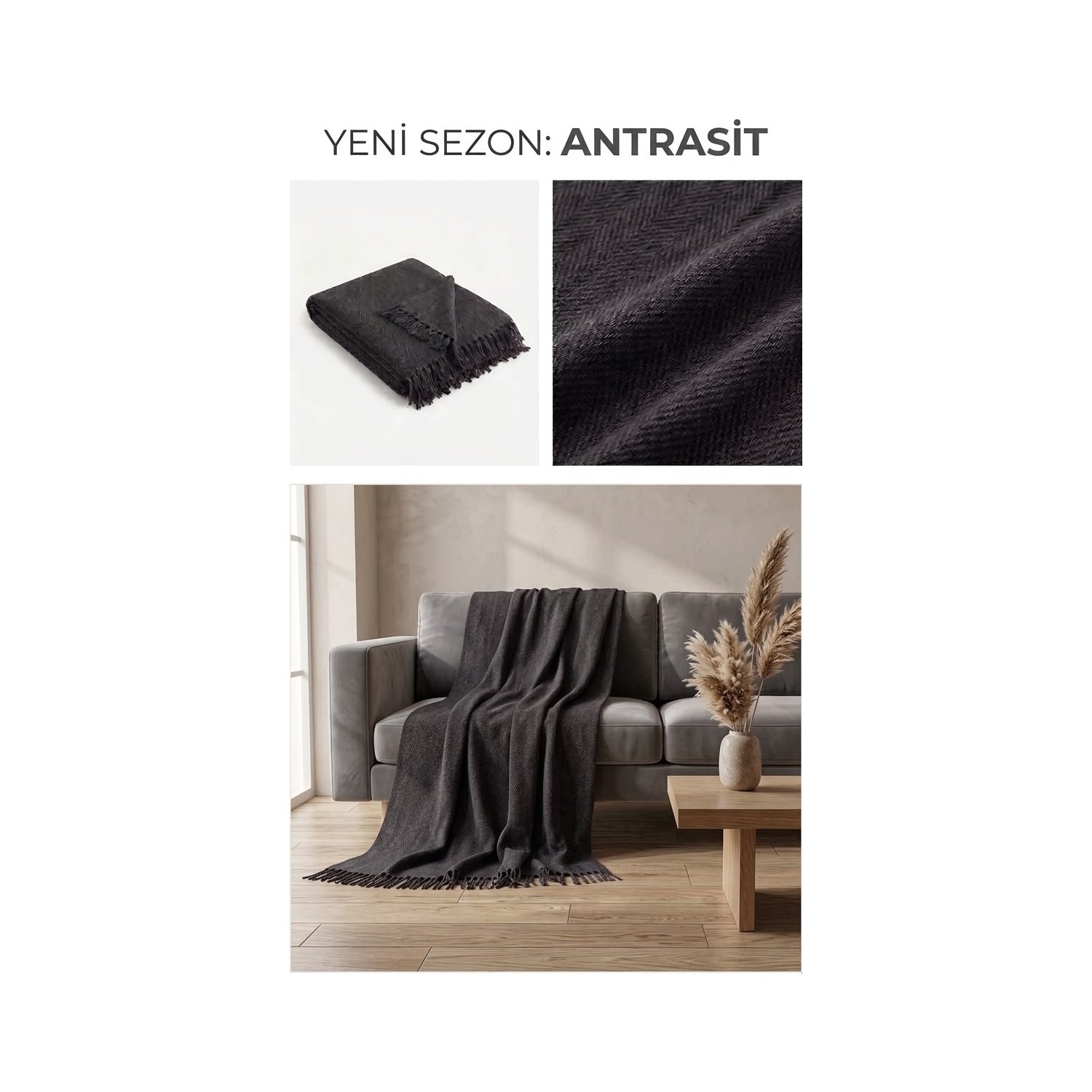 Buldan Natura Herringbone Antrasit Balıksırtı Dokuma Saçaklı Koltuk Örtüsü 180×310 cm