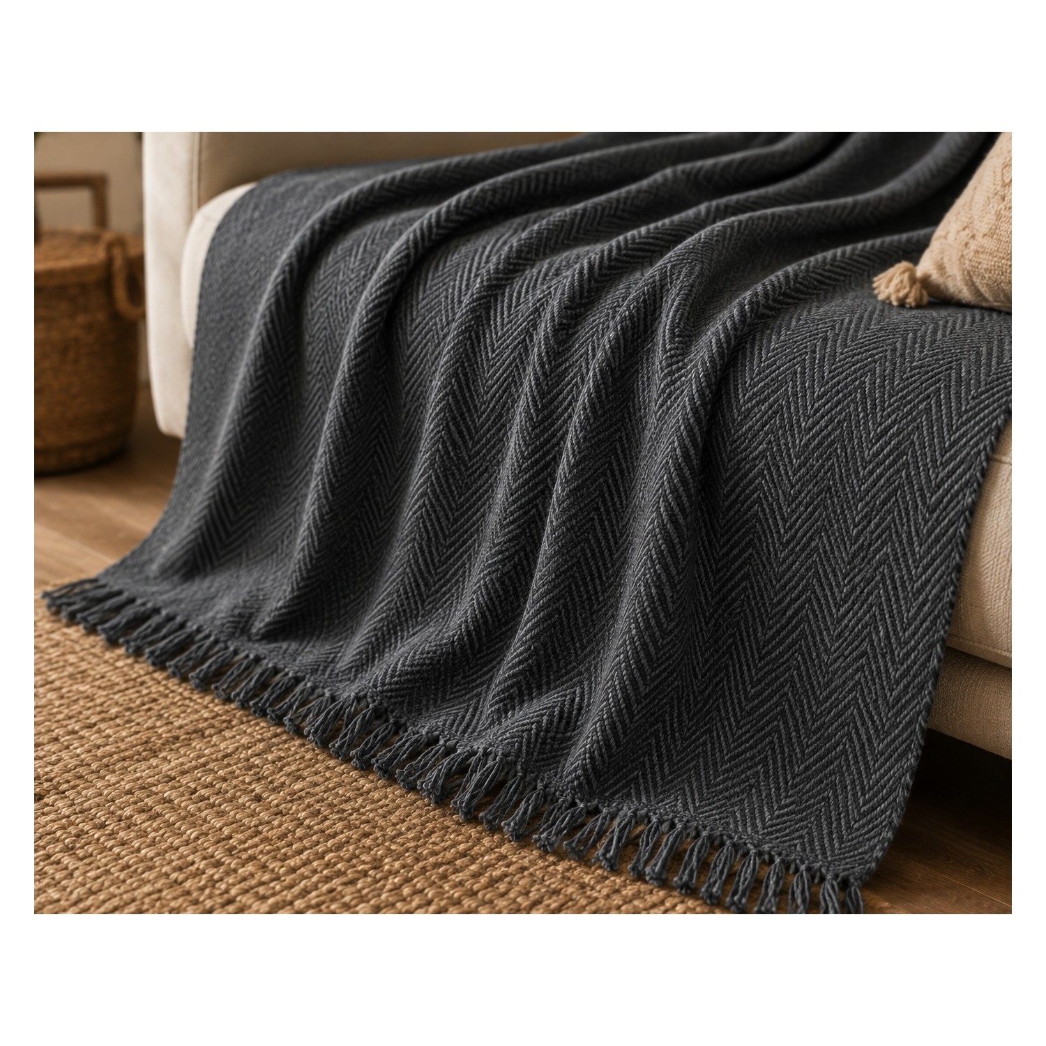 Buldan Natura Herringbone Antrasit Balıksırtı Dokuma Saçaklı Koltuk Örtüsü 180×310 cm 2. görsel