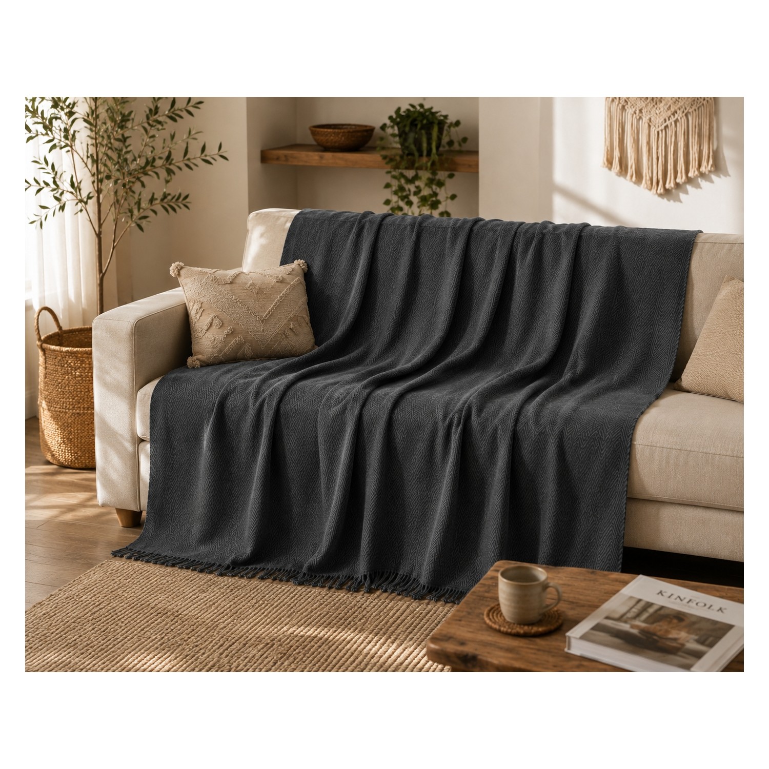 Buldan Natura Herringbone Antrasit Balıksırtı Dokuma Saçaklı Koltuk Örtüsü 180×310 cm 4. görsel