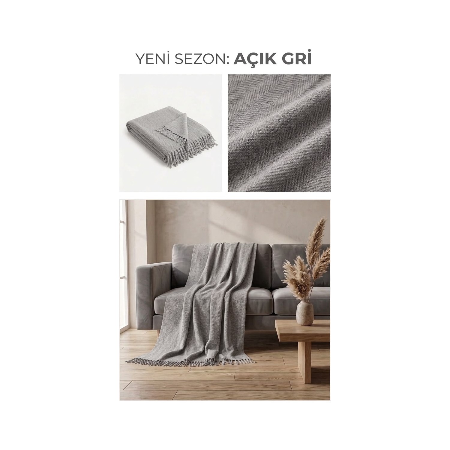 Buldan Natura Herringbone Açık Gri Balıksırtı Dokuma Koltuk Örtüsü 180×310 cm Saçaklı