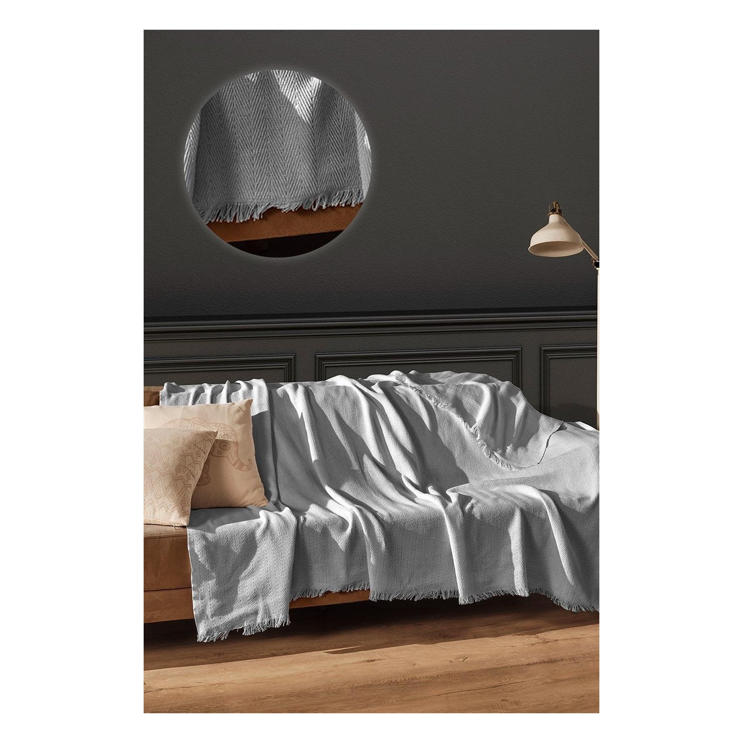 Buldan Natura Herringbone Açık Gri Balıksırtı Dokuma Koltuk Örtüsü 180×310 cm Saçaklı 2. görsel