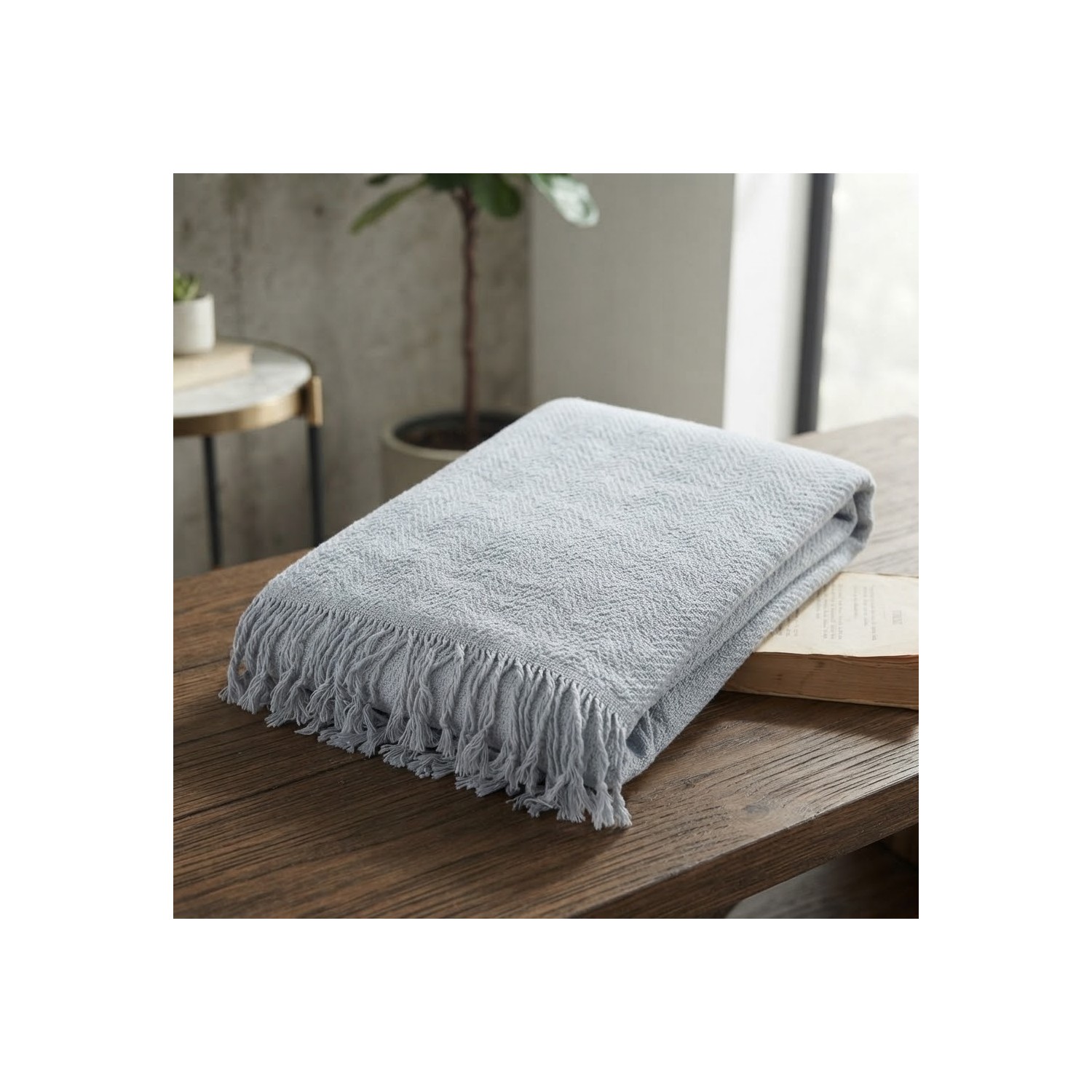 Buldan Natura Herringbone Açık Gri Balıksırtı Dokuma Koltuk Örtüsü 180×310 cm Saçaklı 3. görsel