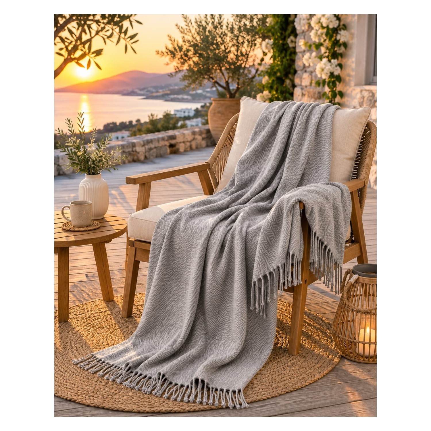 Buldan Natura Herringbone Açık Gri Balıksırtı Dokuma Koltuk Örtüsü 180×310 cm Saçaklı 4. görsel