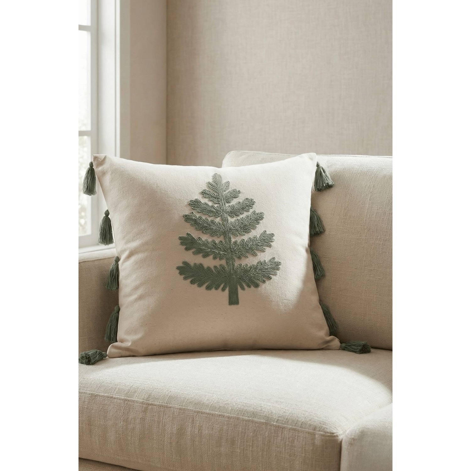 Buldan Natura Ağaç Nakışlı Püsküllü Dekoratif Kırlent Kılıfı – Krem / Kiremit 43×43 cm 3. görsel