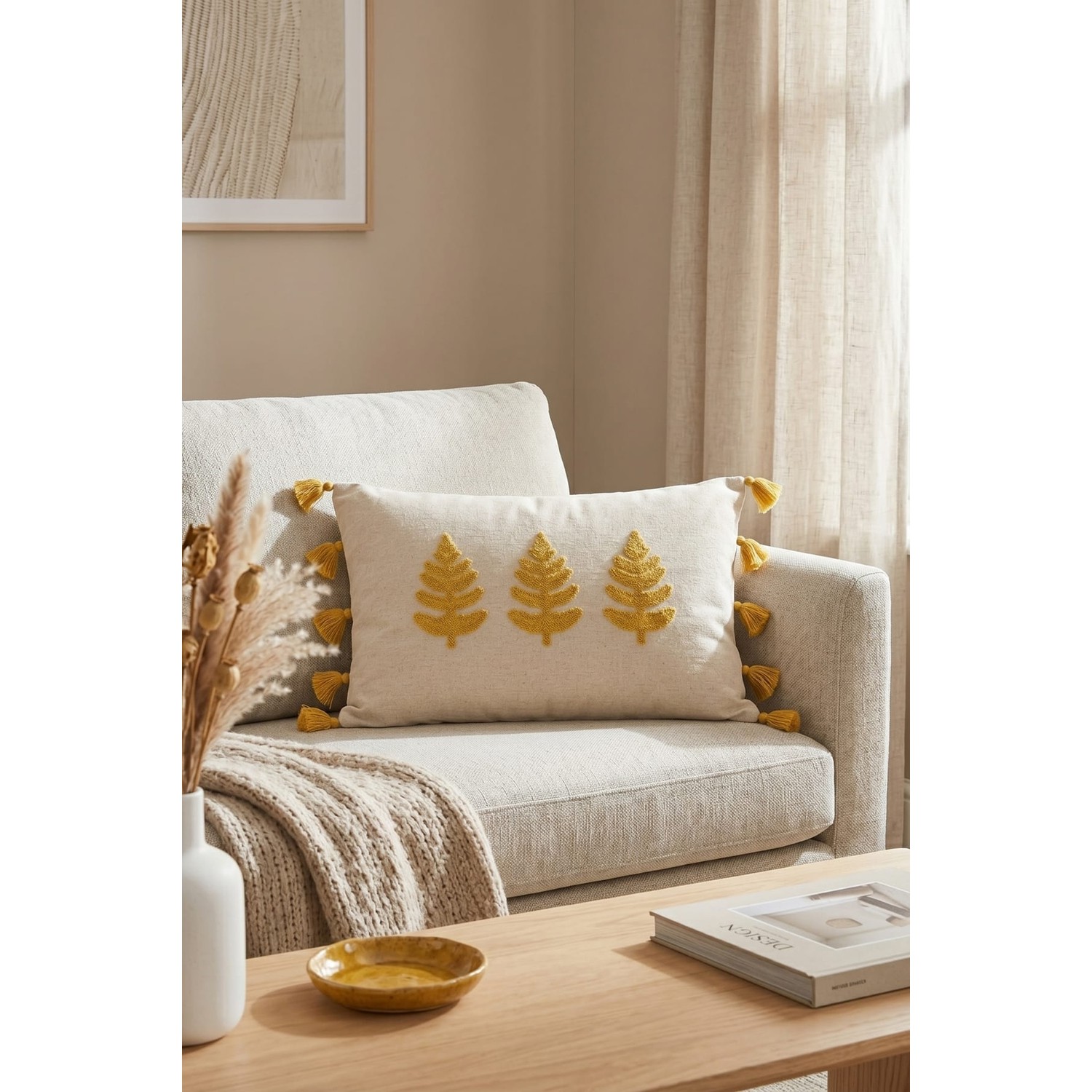 Buldan Natura Üçlü Yaprak Nakışlı Püsküllü Dekoratif Dikdörtgen Kırlent Kılıfı 35×55 cm