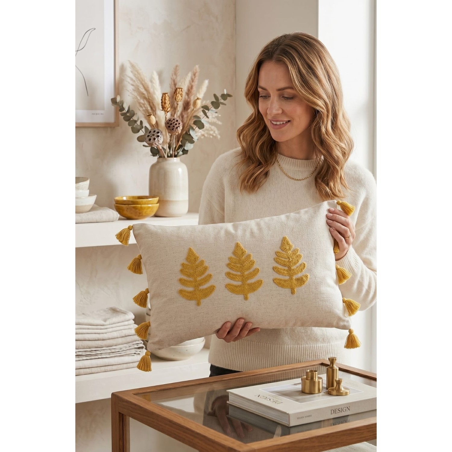 Buldan Natura Üçlü Yaprak Nakışlı Püsküllü Dekoratif Dikdörtgen Kırlent Kılıfı 35×55 cm 2. görsel