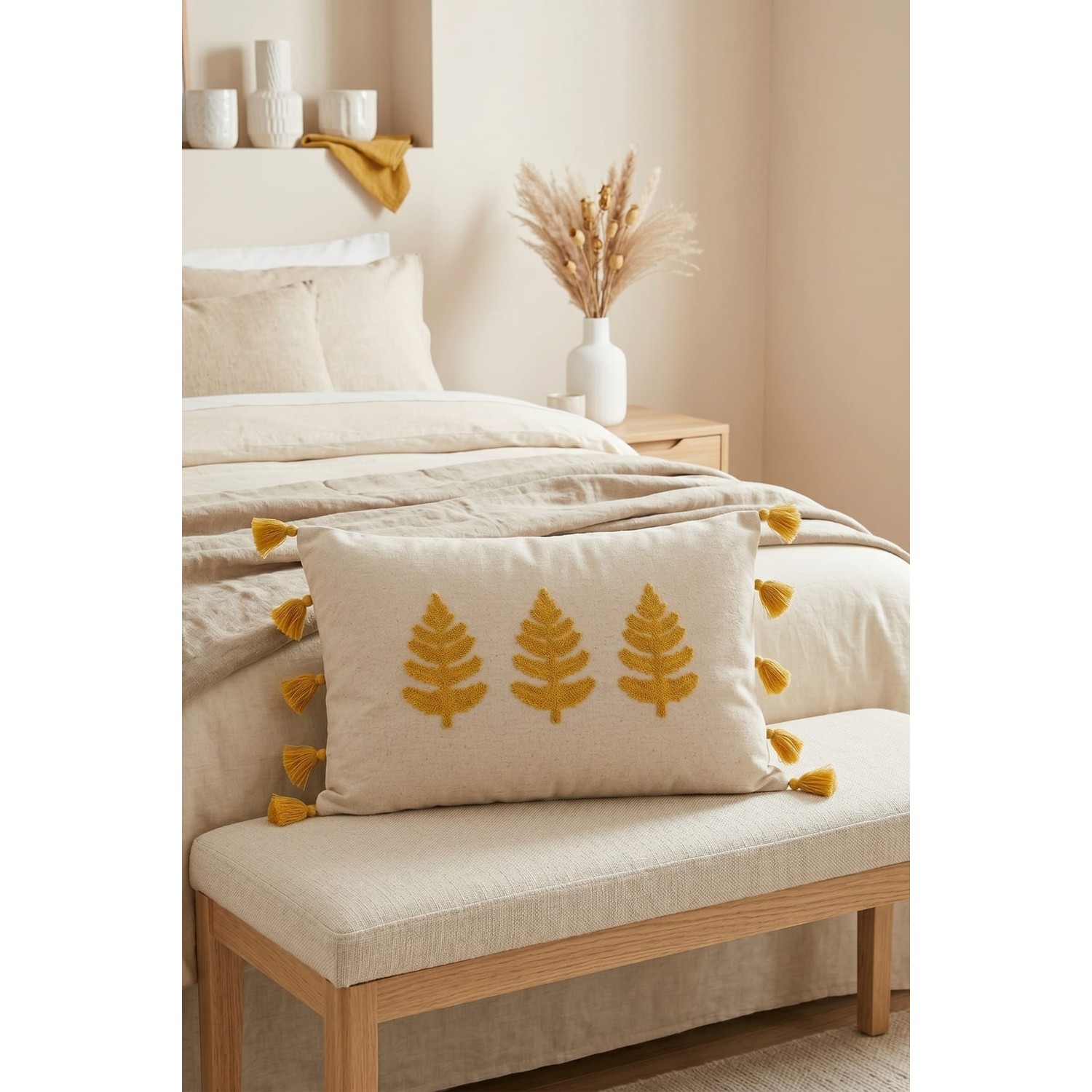 Buldan Natura Üçlü Yaprak Nakışlı Püsküllü Dekoratif Dikdörtgen Kırlent Kılıfı 35×55 cm 3. görsel