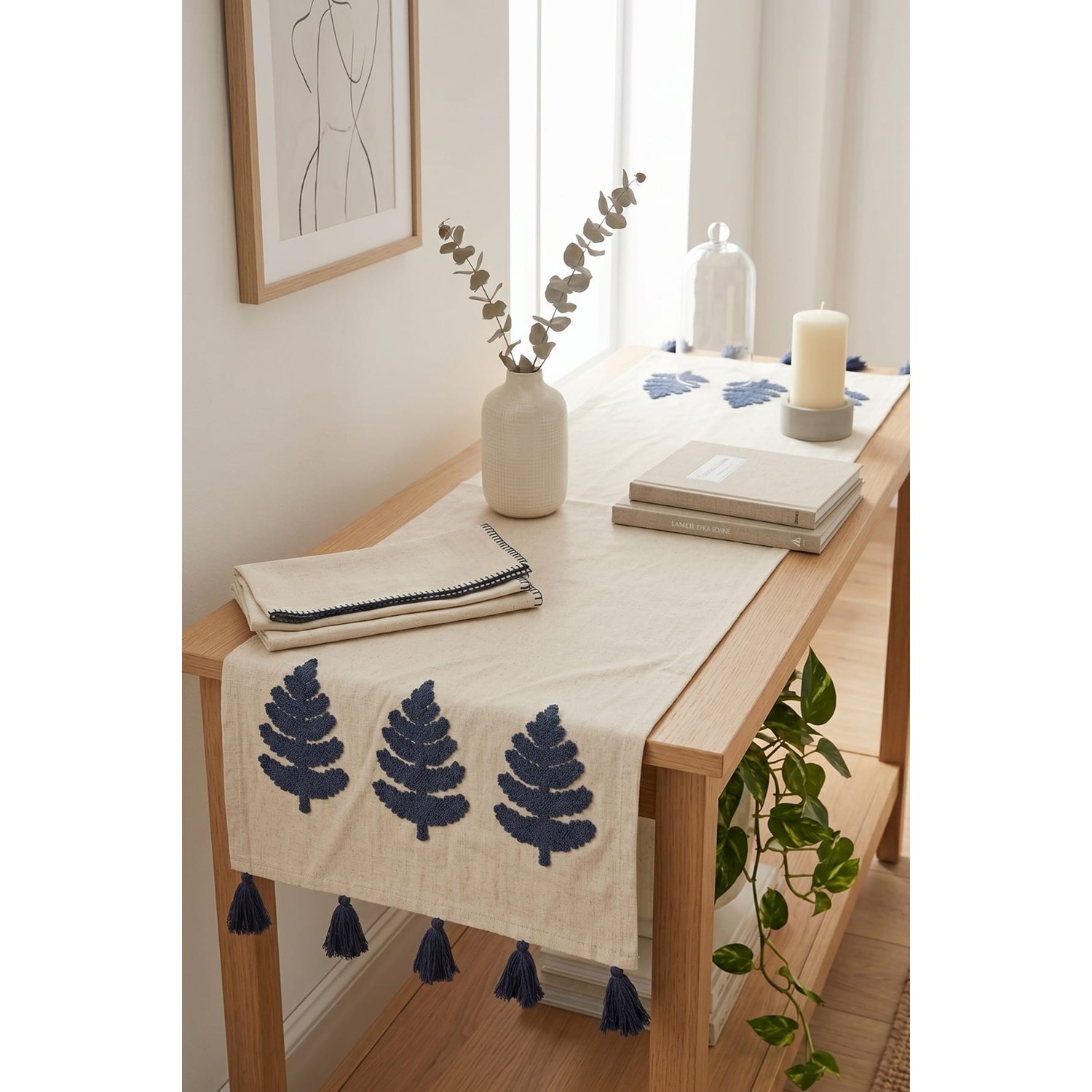 Buldan Natura Üçlü Ağaç Nakışlı Püsküllü Dekoratif Runner 40×130 cm 4. görsel