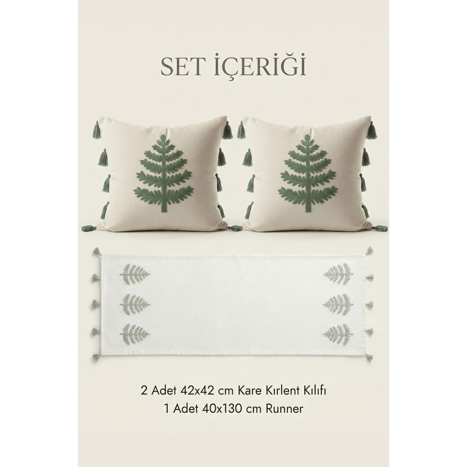Buldan Natura Ağaç Nakışlı Püsküllü 3’lü Set – 2 Adet 42×42 cm Kırlent Kılıfı + 40×130 cm Runner 1. görsel