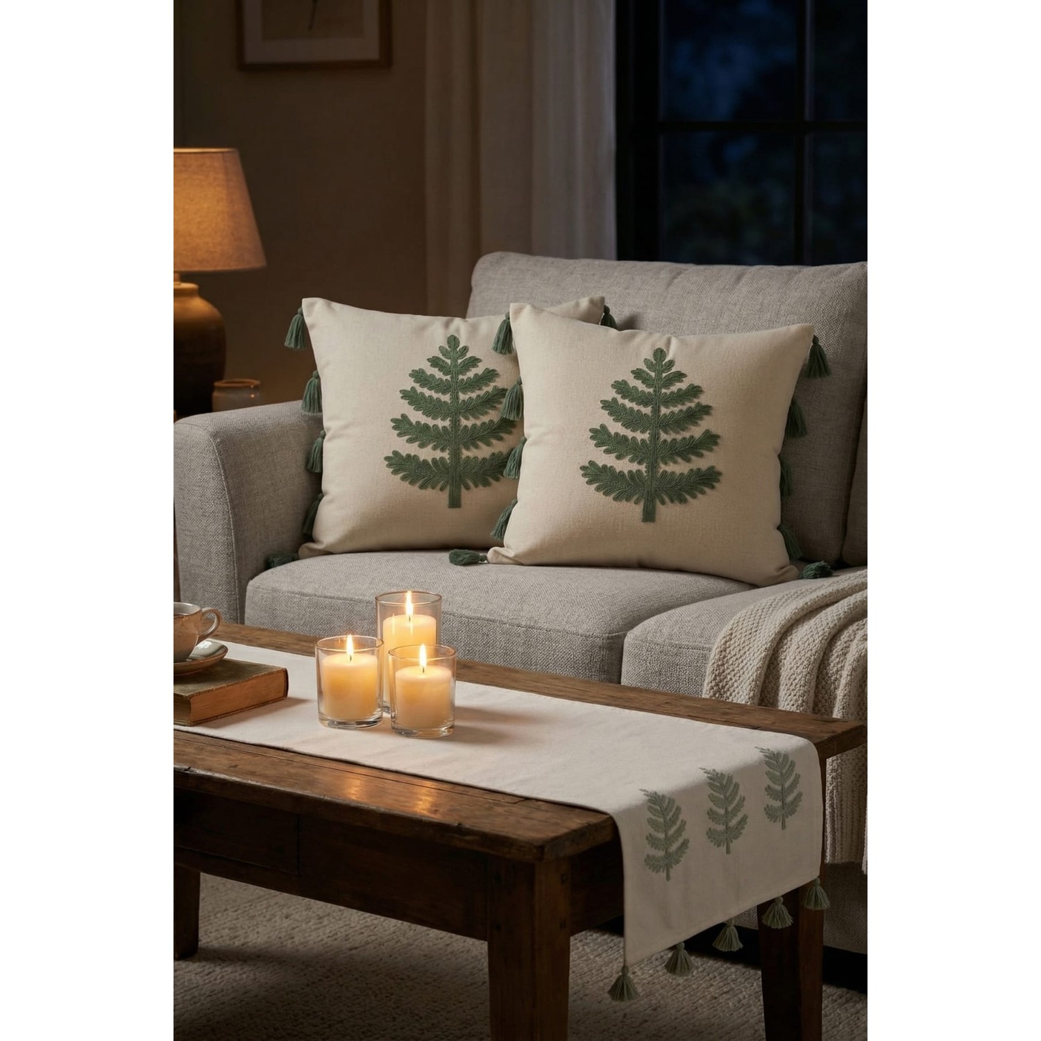 Buldan Natura Ağaç Nakışlı Püsküllü 3’lü Set – 2 Adet 42×42 cm Kırlent Kılıfı + 40×130 cm Runner 2. görsel