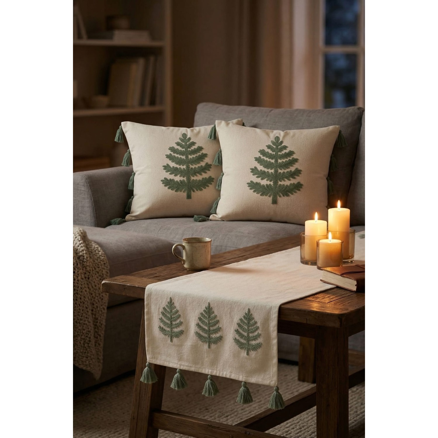 Buldan Natura Ağaç Nakışlı Püsküllü 3’lü Set – 2 Adet 42×42 cm Kırlent Kılıfı + 40×130 cm Runner 4. görsel