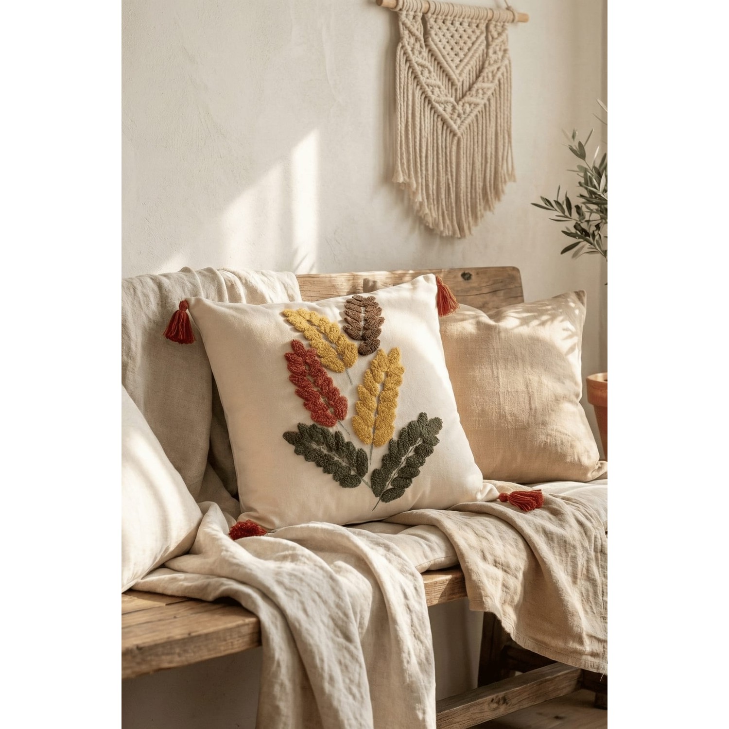 Buldan Natura Başak Renkli Yaprak Punch Nakışlı Pamuk Dokuma Dekoratif Kırlent Kılıfı 42×42 cm