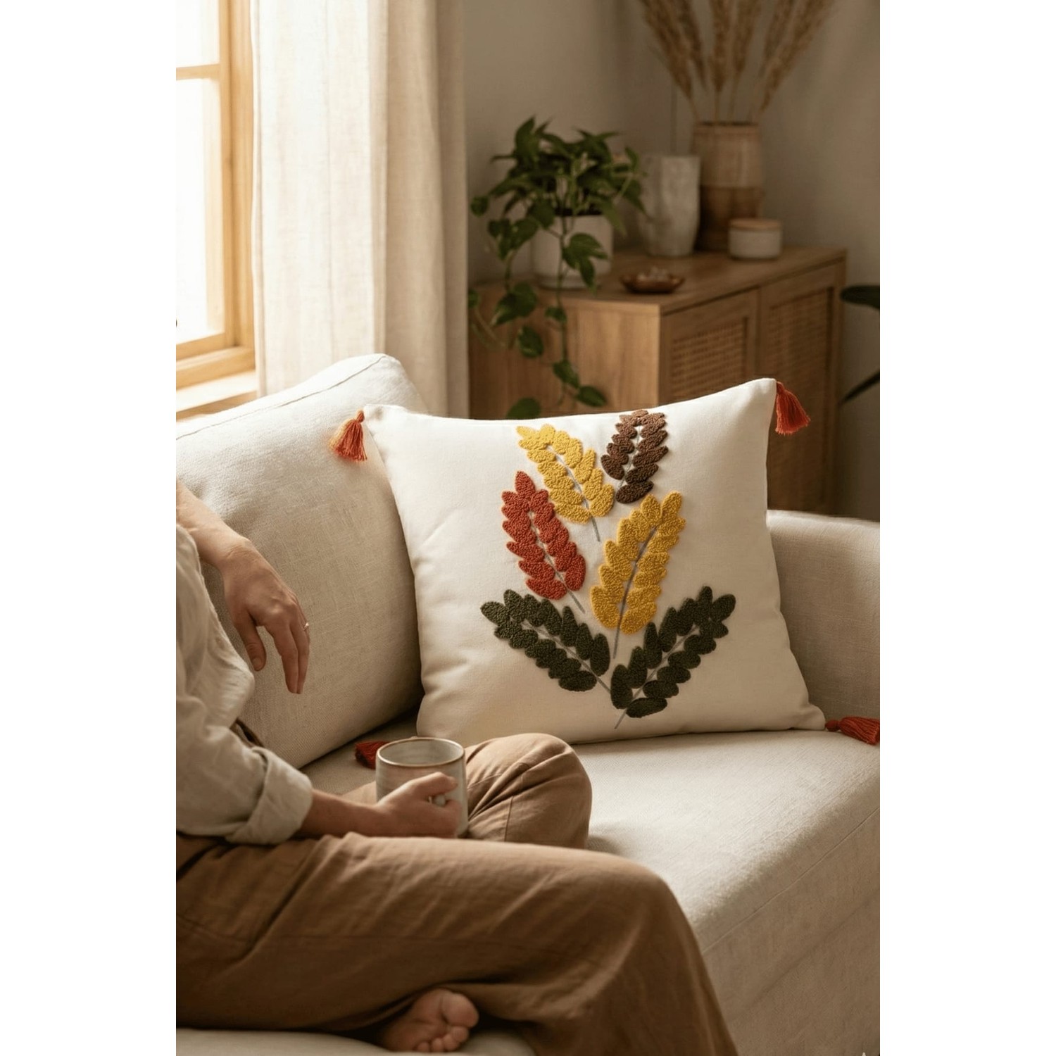 Buldan Natura Başak Renkli Yaprak Punch Nakışlı Pamuk Dokuma Dekoratif Kırlent Kılıfı 42×42 cm 3. görsel
