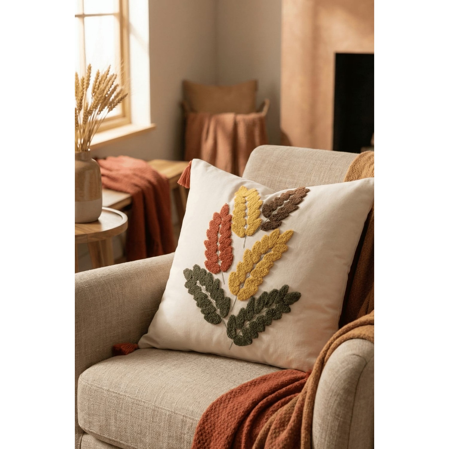 Buldan Natura Başak Renkli Yaprak Punch Nakışlı Pamuk Dokuma Dekoratif Kırlent Kılıfı 42×42 cm 4. görsel