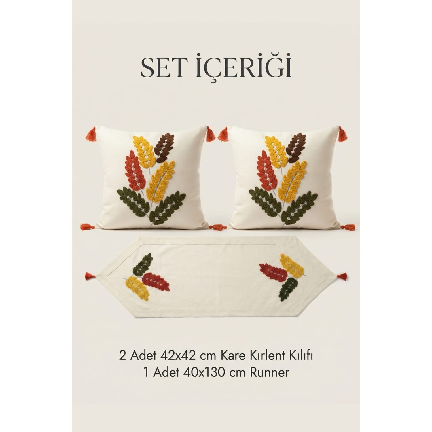 Buldan Natura Başak Renkli Yaprak Punch Nakışlı 3’lü Runner ve Kırlent Kılıfı Seti – 2 Adet 42×42 cm Kırlent + 40×130 cm Runner 1. görsel