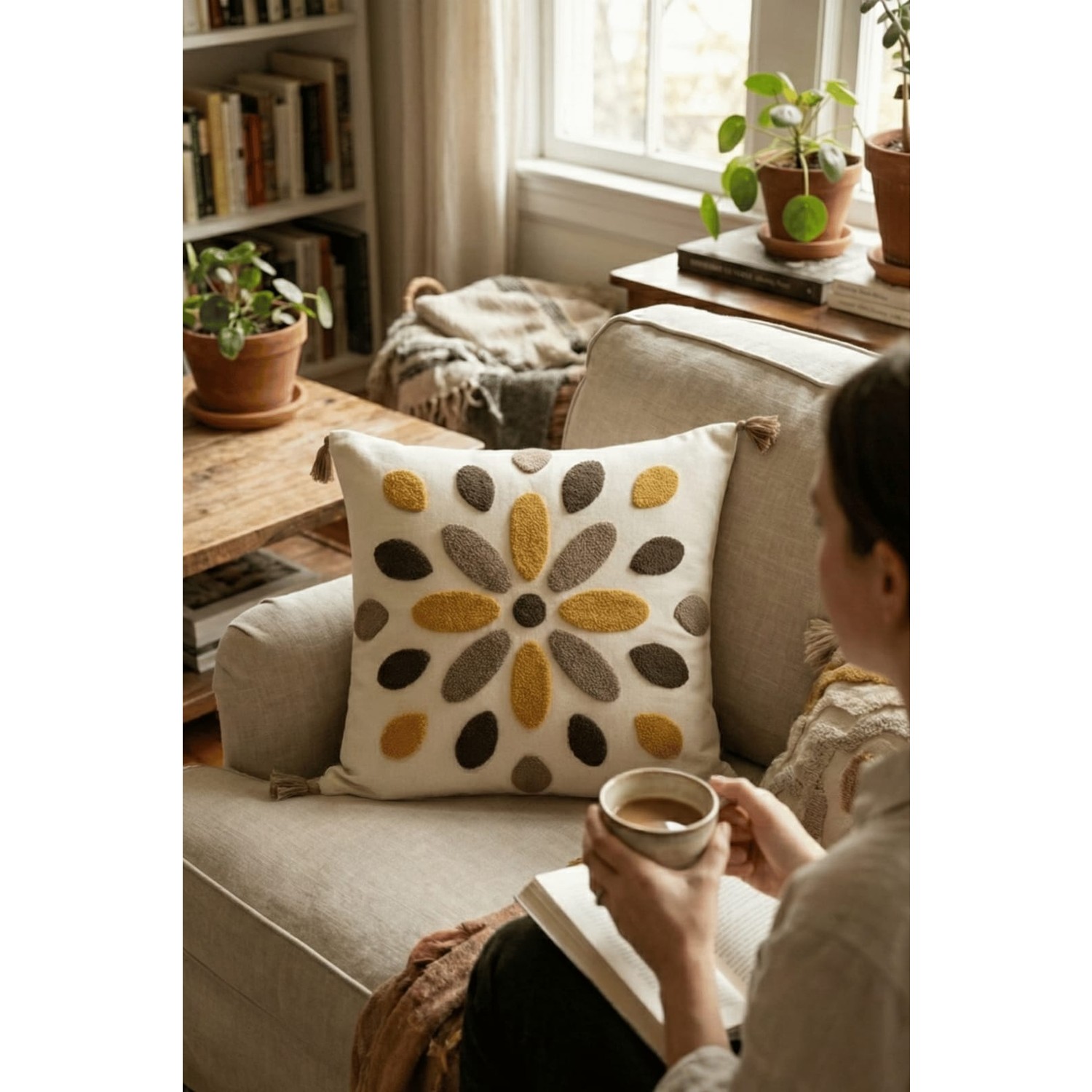 Buldan Natura Damla Renkli Punch Nakışlı Pamuk Dokuma Dekoratif Kırlent Kılıfı 42×42 cm
