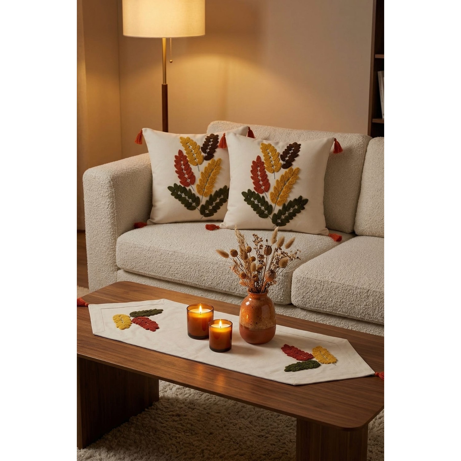 Buldan Natura Başak Renkli Yaprak Punch Nakışlı 3’lü Runner ve Kırlent Kılıfı Seti – 2 Adet 42×42 cm Kırlent + 40×130 cm Runner 2. görsel