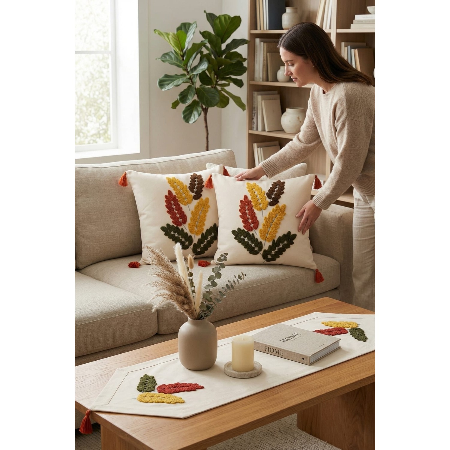 Buldan Natura Başak Renkli Yaprak Punch Nakışlı 3’lü Runner ve Kırlent Kılıfı Seti – 2 Adet 42×42 cm Kırlent + 40×130 cm Runner