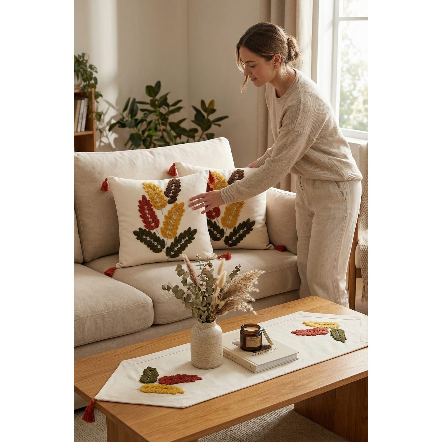 Buldan Natura Başak Renkli Yaprak Punch Nakışlı 3’lü Runner ve Kırlent Kılıfı Seti – 2 Adet 42×42 cm Kırlent + 40×130 cm Runner 4. görsel