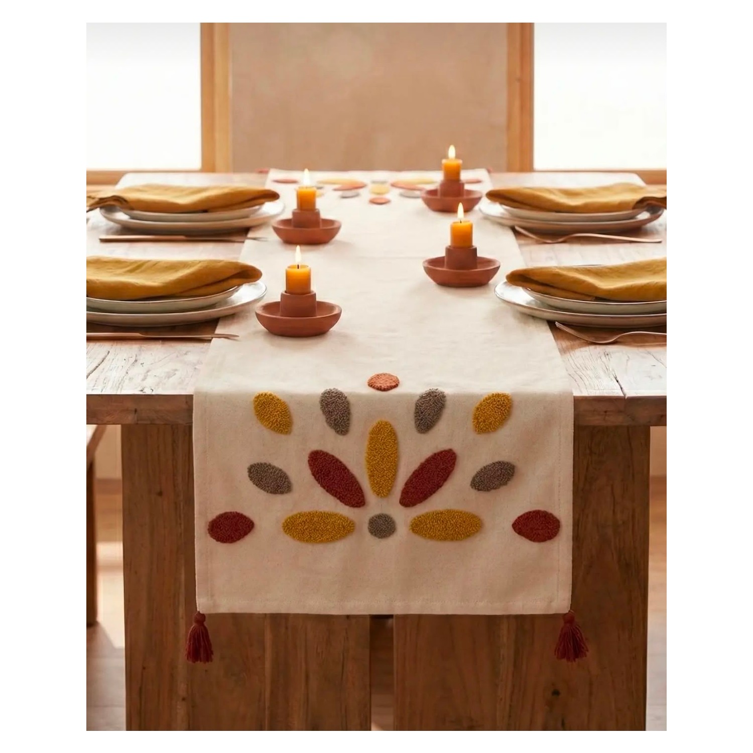 Buldan Natura Damla Renkli Punch Nakışlı Pamuk Dokuma Dekoratif Runner 40×130 cm