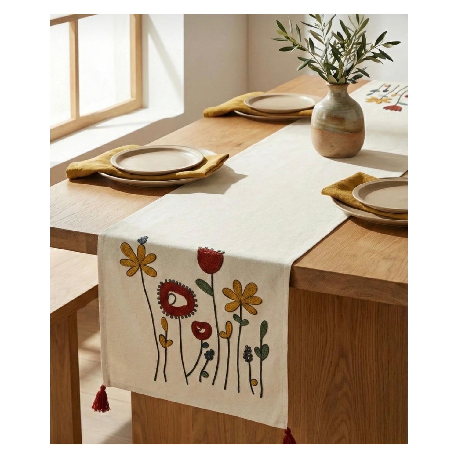 Buldan Natura Gelincik Çiçek Desenli Punch Nakışlı Pamuk Dokuma Dekoratif Runner 40×130 cm