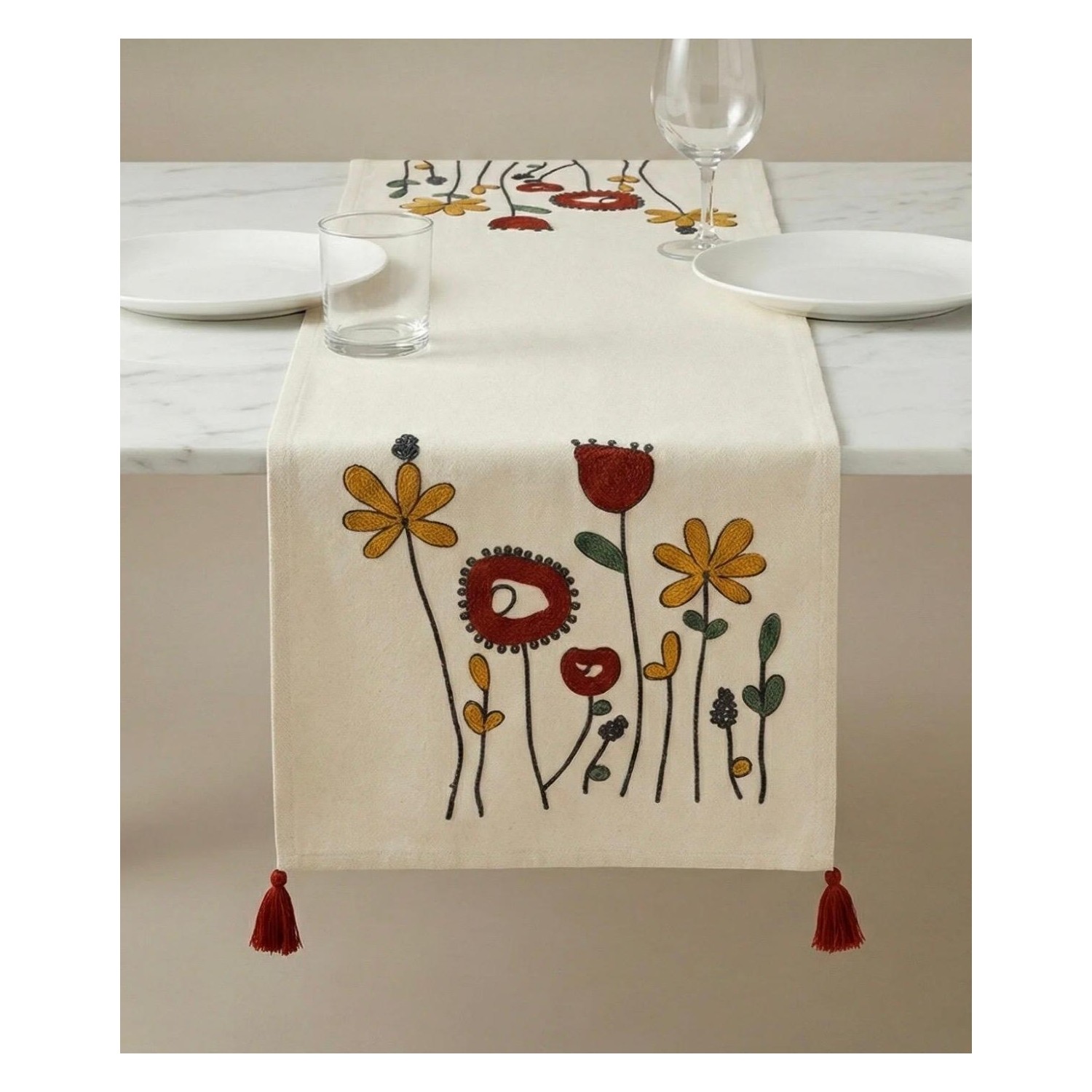 Buldan Natura Gelincik Çiçek Desenli Punch Nakışlı Pamuk Dokuma Dekoratif Runner 40×130 cm 2. görsel