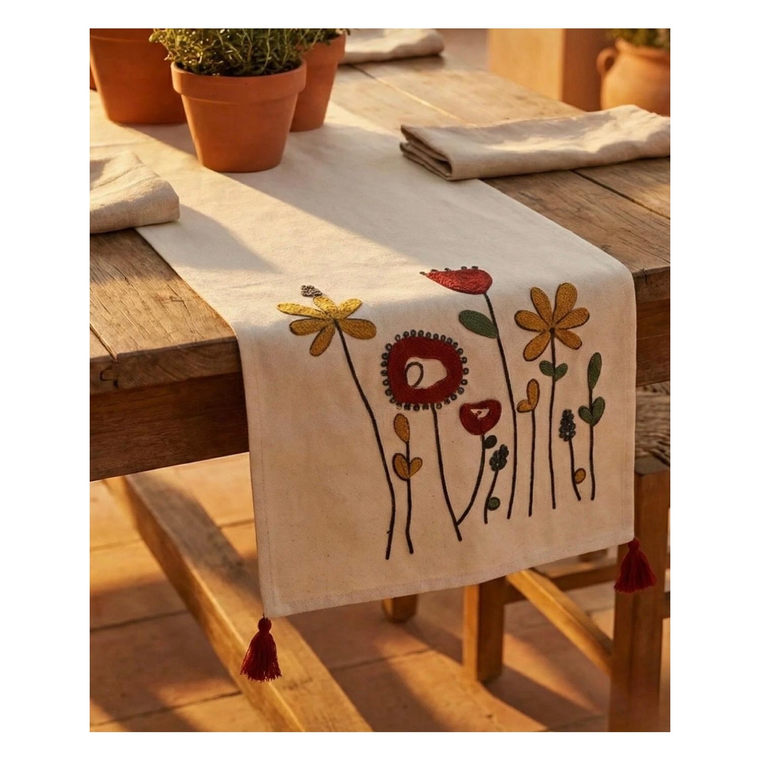 Buldan Natura Gelincik Çiçek Desenli Punch Nakışlı Pamuk Dokuma Dekoratif Runner 40×130 cm 3. görsel