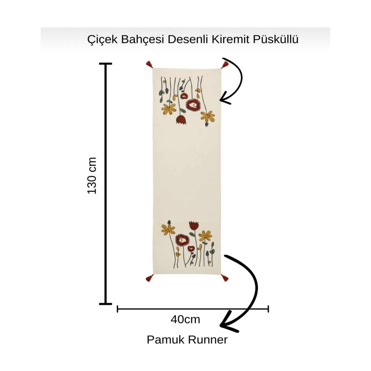 Buldan Natura Gelincik Çiçek Desenli Punch Nakışlı Pamuk Dokuma Dekoratif Runner 40×130 cm 4. görsel