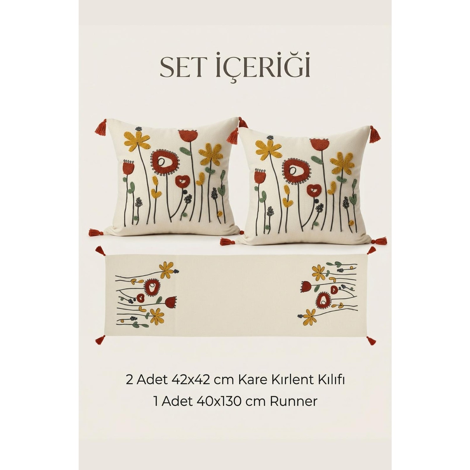 Buldan Natura Gelincik Çiçek Desenli Punch Nakışlı 3’lü Runner ve Kırlent Kılıfı Seti – 2 Adet 42×42 cm Kırlent + 40×130 cm Runner 1. görsel