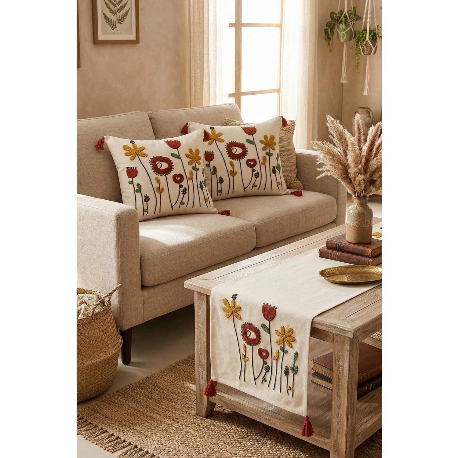Buldan Natura Gelincik Çiçek Desenli Punch Nakışlı 3’lü Runner ve Kırlent Kılıfı Seti – 2 Adet 42×42 cm Kırlent + 40×130 cm Runner 2. görsel