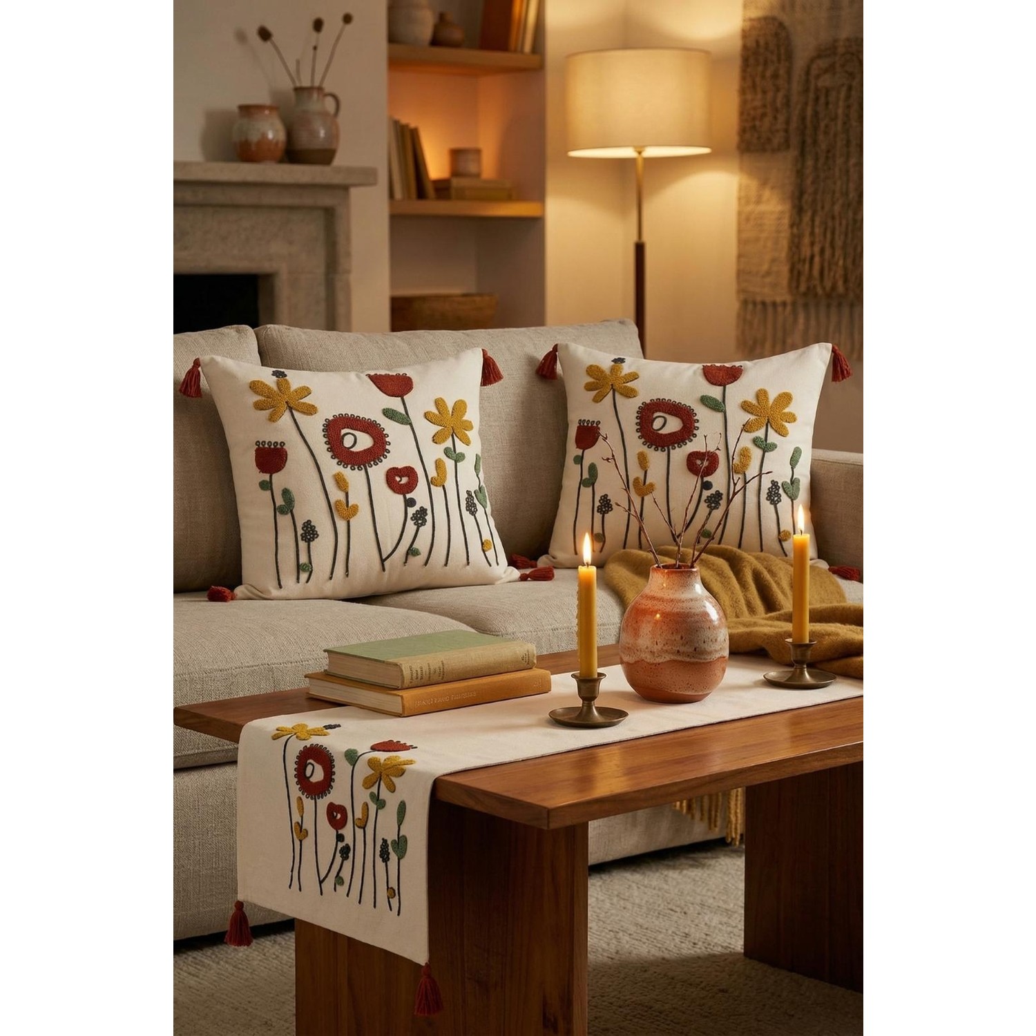 Buldan Natura Gelincik Çiçek Desenli Punch Nakışlı 3’lü Runner ve Kırlent Kılıfı Seti – 2 Adet 42×42 cm Kırlent + 40×130 cm Runner