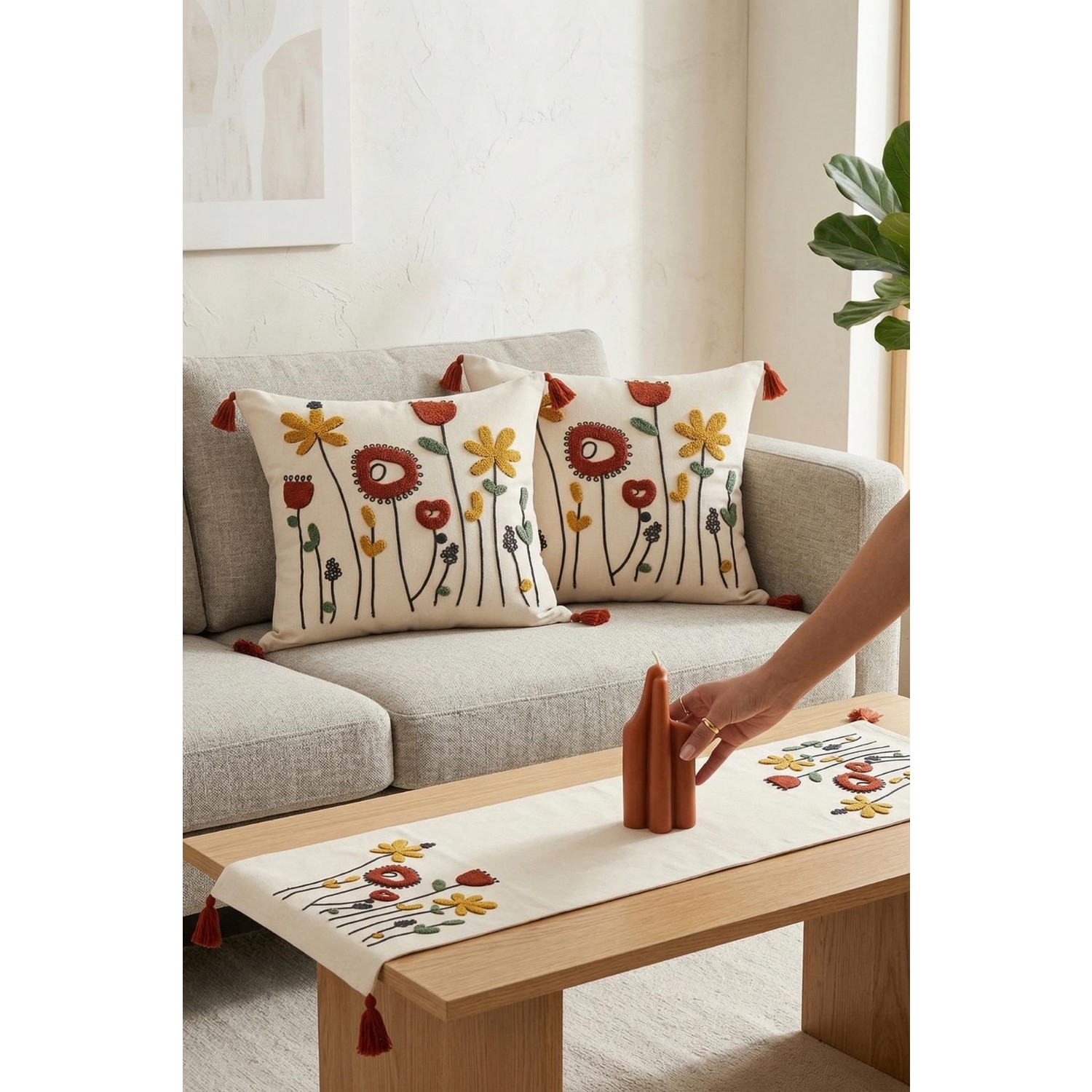 Buldan Natura Gelincik Çiçek Desenli Punch Nakışlı 3’lü Runner ve Kırlent Kılıfı Seti – 2 Adet 42×42 cm Kırlent + 40×130 cm Runner 4. görsel