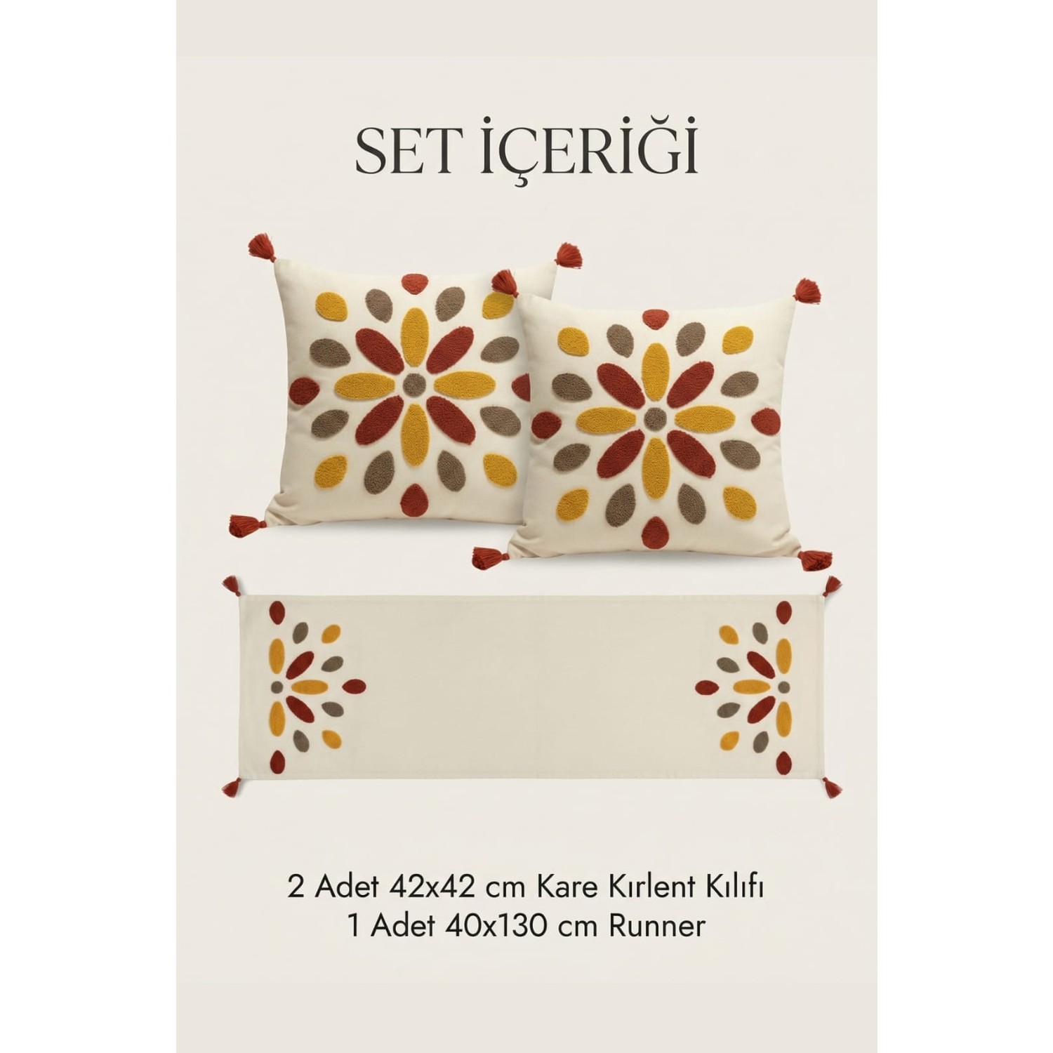 Buldan Natura Damla Renkli Punch Nakışlı 3’lü Runner ve Kırlent Kılıfı Seti – 2 Adet 42×42 cm Kırlent + 40×130 cm Runner 1. görsel