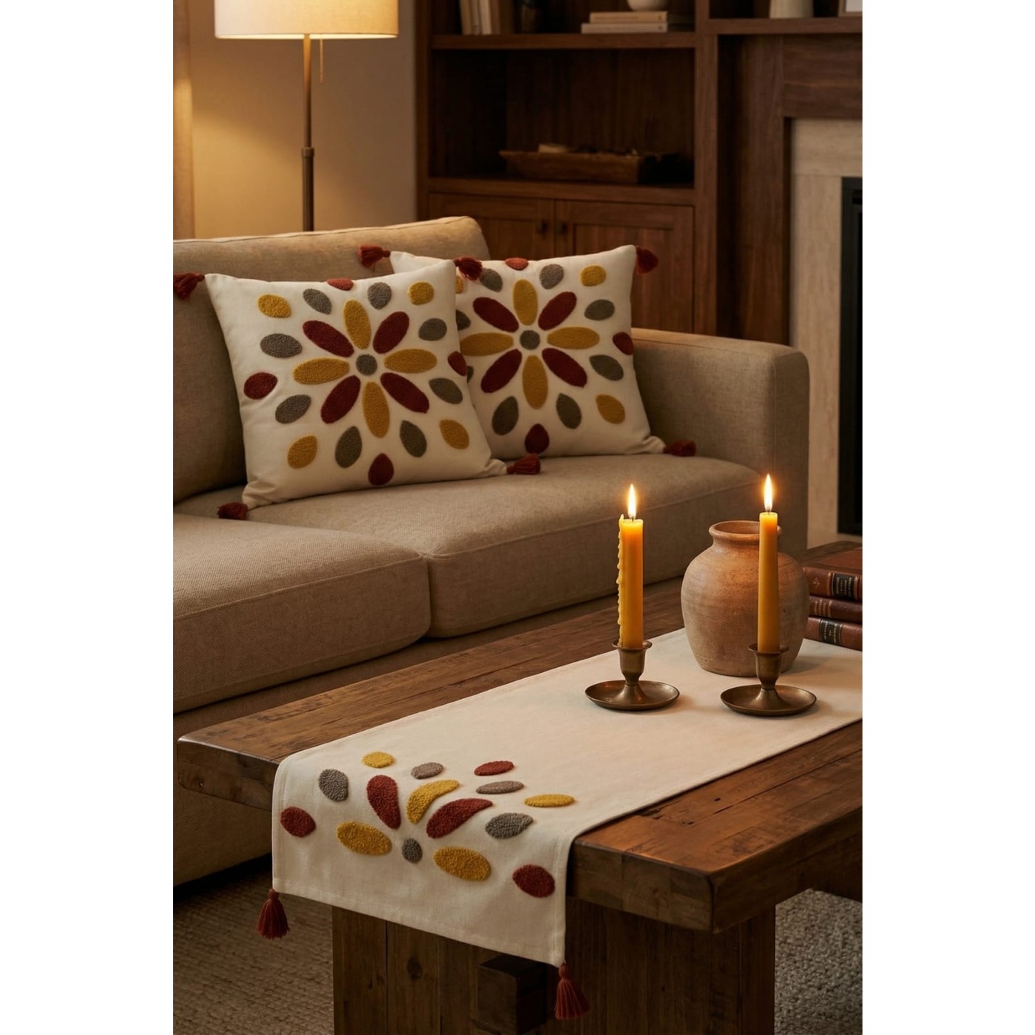 Buldan Natura Damla Renkli Punch Nakışlı 3’lü Runner ve Kırlent Kılıfı Seti – 2 Adet 42×42 cm Kırlent + 40×130 cm Runner 2. görsel