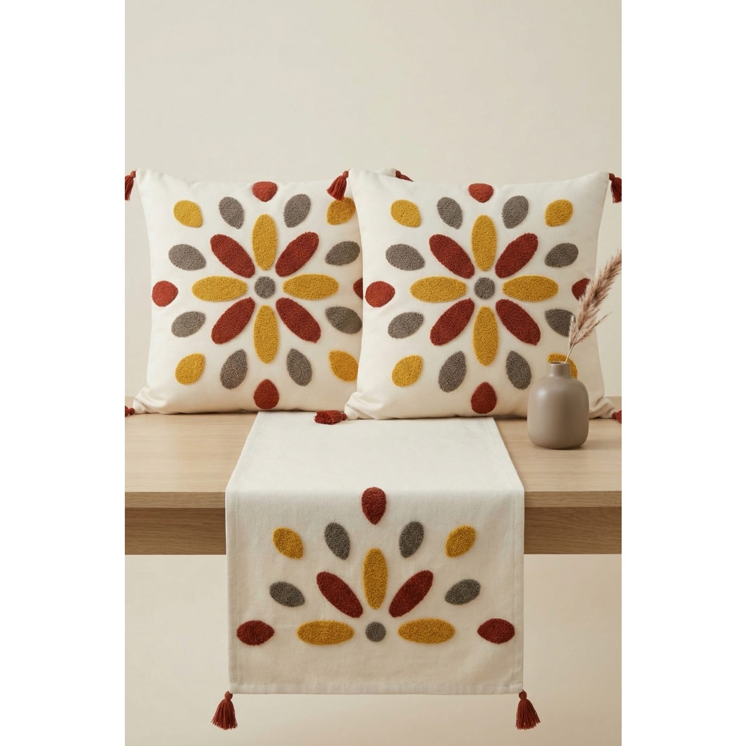 Buldan Natura Damla Renkli Punch Nakışlı 3’lü Runner ve Kırlent Kılıfı Seti – 2 Adet 42×42 cm Kırlent + 40×130 cm Runner
