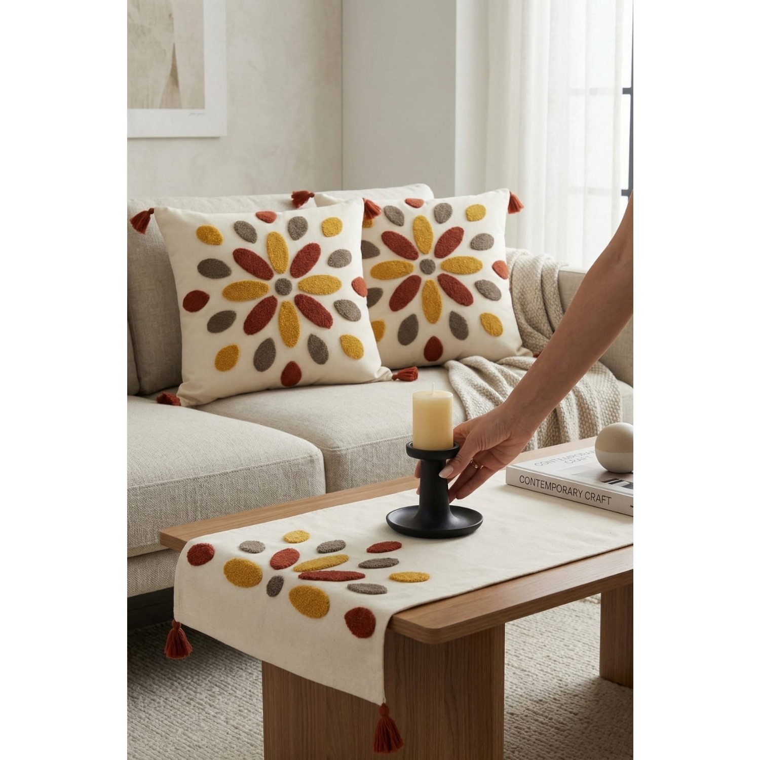 Buldan Natura Damla Renkli Punch Nakışlı 3’lü Runner ve Kırlent Kılıfı Seti – 2 Adet 42×42 cm Kırlent + 40×130 cm Runner 4. görsel