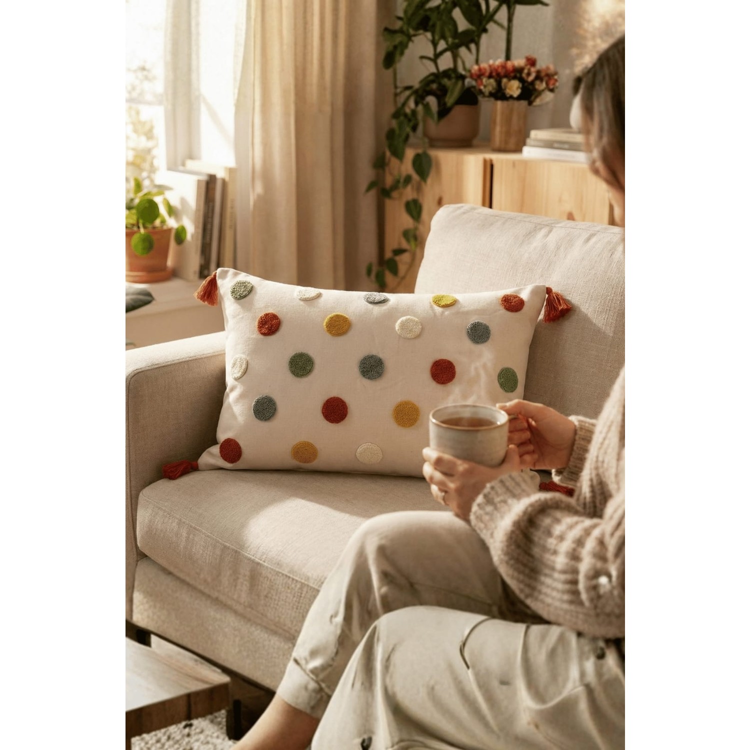 Buldan Natura Puantiye Renkli Benekli Punch Nakışlı Pamuk Dokuma Kırlent Kılıfı 35×55 cm 2. görsel