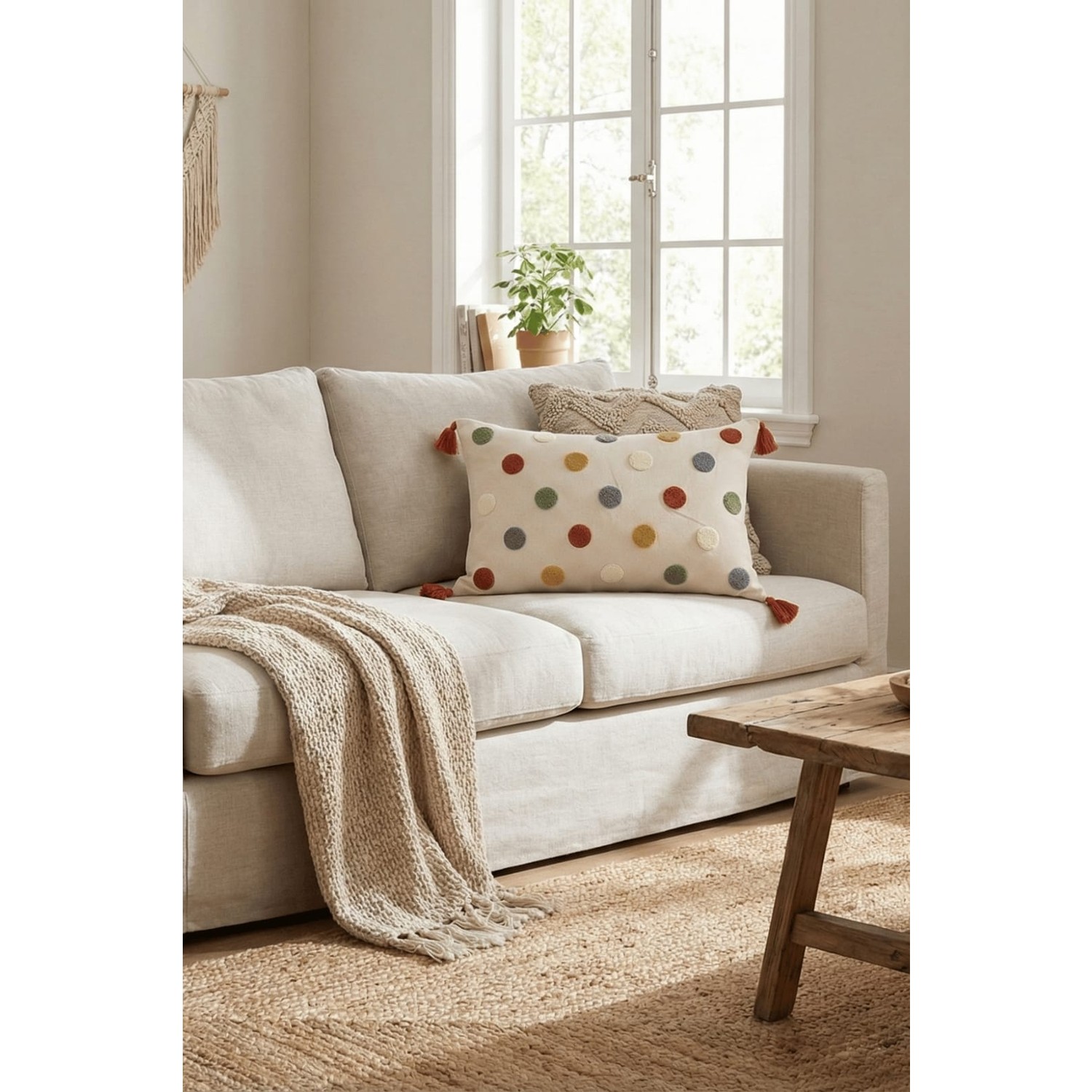 Buldan Natura Puantiye Renkli Benekli Punch Nakışlı Pamuk Dokuma Kırlent Kılıfı 35×55 cm 4. görsel