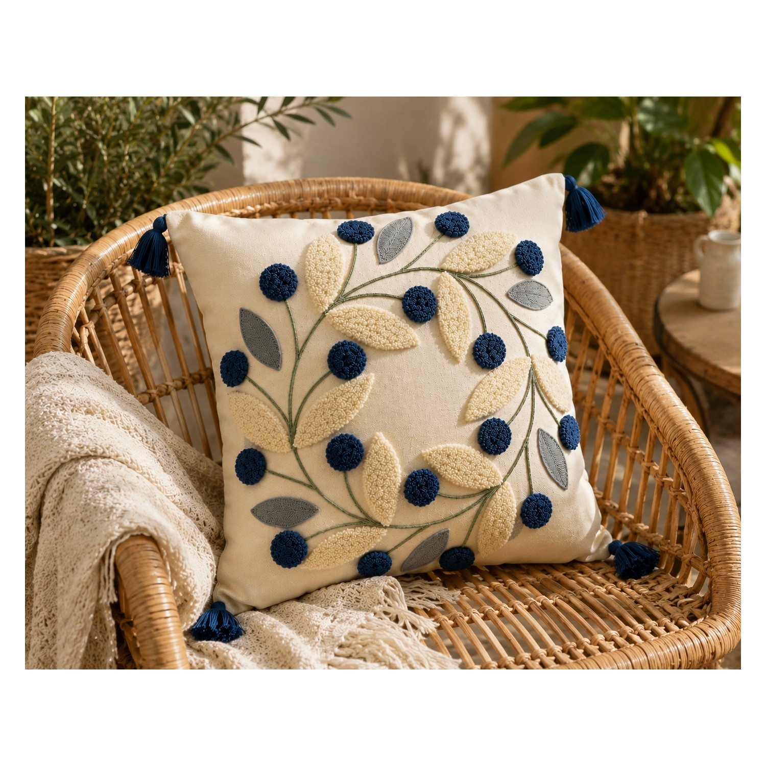 Buldan Natura Papatya Çiçek ve Yaprak Motifli Punch Nakışlı Pamuk Dokuma Kırlent Kılıfı 42×42 cm